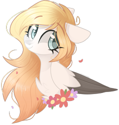 Size: 1593x1668 | Tagged: safe, artist:cinnamontee, imported from derpibooru, oc, oc only, pegasus, pony, chest fluff, female, flower, mare, simple background, smiling, solo, transparent background