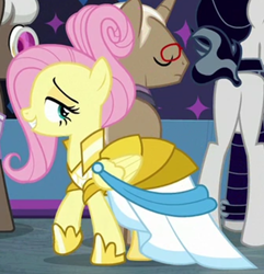 Size: 1048x1085 | Tagged: safe, imported from derpibooru, screencap, bracer britches, fluttershy, snow hope, pony, fake it 'til you make it, clothes, cropped, dress, female, lidded eyes, mare, rarity for you, solo focus, warrior of inner strength, warriorshy