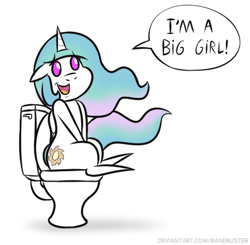 Size: 435x426 | Tagged: safe, artist:banebuster, imported from derpibooru, princess celestia, alicorn, pony, series:tiny tia, but why, open mouth, pointy ponies, potty, potty time, potty training, simple background, sitting on toilet, solo, speech bubble, toilet, wat, white background