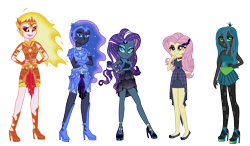 Size: 6720x3920 | Tagged: safe, artist:lightningsentry1, imported from derpibooru, daybreaker, fluttershy, nightmare moon, nightmare rarity, queen chrysalis, bat pony, equestria girls, absurd resolution, alternate hairstyle, armor, bat ponified, boots, bracelet, choker, clothes, crown, dress, equestria girls-ified, eyeshadow, female, flats, flutterbat, gloves, headband, helmet, high heel boots, high heels, jewelry, lipstick, makeup, mary janes, open mouth, race swap, regalia, ripped stockings, shoes, siblings, simple background, sisters, skirt, torn stockings, transparent background