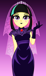 Size: 928x1528 | Tagged: safe, artist:rosemile mulberry, imported from derpibooru, sour sweet, equestria girls, alternate hairstyle, arm behind back, bride, clothes, cute, dress, female, freckles, gem, gloves, goth, hotel transylvania, jewelry, lipstick, looking at you, mavis dracula, simple background, smiling, smiling at you, solo, sourbetes, tiara, veil, wedding dress