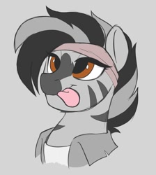 Size: 1002x1118 | Tagged: safe, artist:crimmharmony, imported from derpibooru, oc, oc only, pony, zebra, bust, clothes, female, gray background, headband, quadrupedal, shirt, simple background, smiling, solo, tongue out, zebra oc