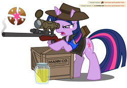 Size: 1622x1131 | Tagged: safe, artist:nikkikitty44, imported from derpibooru, twilight sparkle, pony, unicorn, blu team, box, crate, crossover, female, gun, implied trixie, jar, jarate, mare, open mouth, optical sight, pee in container, rifle, simple background, sniper, sniper rifle, solo, team fortress 2, transparent background, twilight sniper, unicorn twilight, urine, weapon