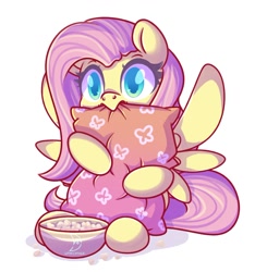 Size: 1123x1200 | Tagged: safe, artist:musicfirewind, artist:wavecipher, imported from derpibooru, fluttershy, pegasus, pony, biting, bowl, colored pupils, commission, cute, food, hug, pillow, pillow hug, popcorn, scared, shyabetes, solo, ych example, your character here