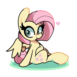 Size: 2000x2011 | Tagged: safe, artist:kindakismet, imported from derpibooru, fluttershy, pegasus, pony, alternate hairstyle, colored pupils, cute, female, grass, high res, mare, short mane, shyabetes, simple background, sitting, smiling, solo, spread wings, white background, wings