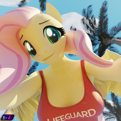 Size: 2160x2160 | Tagged: safe, artist:shadowboltsfm, imported from derpibooru, fluttershy, anthro, pegasus, plantigrade anthro, 3d, baywatch, blender, breasts, busty fluttershy, clothes, eyelashes, female, high res, lifeguard, lifeguard fluttershy, looking at you, looking down, looking down at you, offscreen character, one-piece swimsuit, palm tree, pov, smiling, solo, swimsuit, tree