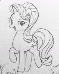 Size: 1386x1734 | Tagged: safe, artist:ch-chau, imported from derpibooru, starlight glimmer, pony, unicorn, female, lidded eyes, looking at you, mare, monochrome, open mouth, raised hoof, sketch, smiling, solo, traditional art