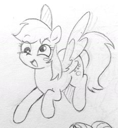 Size: 1597x1724 | Tagged: safe, artist:ch-chau, imported from derpibooru, derpy hooves, pegasus, pony, blush sticker, blushing, cute, female, flying, mare, monochrome, open mouth, sketch, solo, spread wings, traditional art, wings