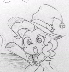 Size: 1462x1527 | Tagged: safe, artist:ch-chau, imported from derpibooru, pinkie pie, earth pony, pony, cape, clothes, cute, diapinkes, female, hat, mare, monochrome, open mouth, raised hoof, sketch, smiling, solo, traditional art, witch hat