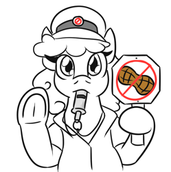 Size: 622x624 | Tagged: safe, artist:jargon scott, imported from derpibooru, imported from ponybooru, oc, oc only, oc:officer nutless, earth pony, pony, blowing whistle, clothes, female, frog (hoof), hat, hoof hold, looking at you, mare, monochrome, mouth hold, neo noir, no nut november, partial color, shirt, sign, simple background, solo, underhoof, whistle, whistle necklace, white background