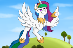 Size: 1200x800 | Tagged: safe, artist:rapid9, imported from derpibooru, princess celestia, alicorn, fly, insect, pony, between dark and dawn, flying, horseshoes, princess, sky