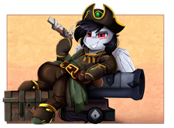 Size: 3430x2524 | Tagged: safe, artist:pridark, imported from derpibooru, oc, oc only, oc:commissar junior, pegasus, pony, cannon, clothes, crossover, gun, hat, high res, pirate, pirate hat, red eyes, sea of thieves, solo, treasure chest, video game crossover, weapon