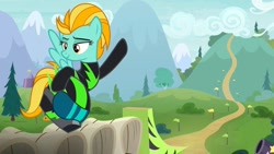 Size: 1280x720 | Tagged: safe, imported from derpibooru, screencap, lightning dust, pegasus, pony, the washouts (episode), clothes, female, flying, helmet, solo, uniform, washouts uniform