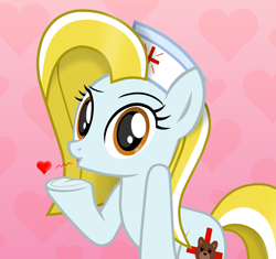 Size: 2052x1932 | Tagged: safe, artist:chomakony, imported from derpibooru, oc, oc only, oc:nurse reisol, earth pony, pony, cute, earth pony oc, female, frog (hoof), hat, heart, kissy face, looking at you, mare, nurse, nurse hat, show accurate, simple background, solo, teddy bear, underhoof