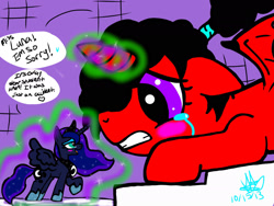 Size: 2048x1536 | Tagged: safe, artist:artmama113, imported from derpibooru, princess luna, oc, oc:yaoilover, alicorn, bat pony, bat pony alicorn, pony, bat pony oc, bat wings, blushing, crouching, crying, duo, female, floppy ears, glowing horn, gritted teeth, hoof shoes, horn, looking at each other, magic, mare, micro, peytral, shrunk, signature, smiling, spell gone wrong, telekinesis, wings