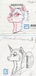 Size: 535x1111 | Tagged: safe, artist:twin-fan, imported from derpibooru, oc, oc only, pony, unicorn, bust, duo, ear piercing, horn, lineart, piercing, traditional art, unicorn oc