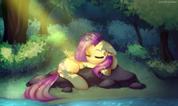 Size: 5045x3000 | Tagged: safe, artist:shavurrr, artist:tatar.sauce, imported from derpibooru, fluttershy, pegasus, pony, crepuscular rays, cute, dappled sunlight, eyes closed, female, floppy ears, folded wings, forest, high res, lying down, mare, outdoors, peaceful, prone, river, shyabetes, sleeping, solo, stream, water, wings