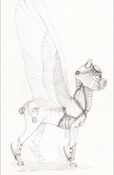 Size: 1906x2937 | Tagged: safe, artist:lady-limule, imported from derpibooru, oc, oc only, pegasus, pony, armor, goggles, helmet, pegasus oc, solo, traditional art, wings