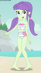 Size: 1080x1920 | Tagged: safe, artist:gamerpen, imported from derpibooru, starlight, starshine, equestria girls, equestria girls series, background human, barefoot, beach, belly, bikini, bowtie, breasts, busty starlight, clothes, cute, feet, midriff, ocean, pigtails, ribbon, starshine's beach shorts swimsuit, striped swimsuit, swimsuit, tree