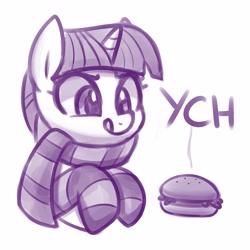Size: 3814x3814 | Tagged: safe, artist:handgunboi, imported from derpibooru, twilight sparkle, pony, burger, clothes, commission, female, food, mare, scarf, socks, solo, striped socks, tongue out, twilight burgkle, ych example, your character here