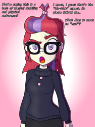 Size: 3000x4000 | Tagged: safe, artist:thealjavis, imported from derpibooru, moondancer, human, comic:no nut moondancer, equestria girls, clothes, cute, dancerbetes, dialogue, equestria girls-ified, female, glasses, hair bun, humanized, no nut november, raised eyebrow, redhead, simple background, solo, sweater, text