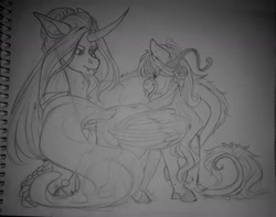 Size: 1440x1135 | Tagged: safe, artist:silentwolf-oficial, imported from derpibooru, oc, oc only, pegasus, pony, unicorn, :p, duo, flower, flower in hair, horn, lineart, looking at each other, pegasus oc, rose, tongue out, traditional art, unicorn oc, wings