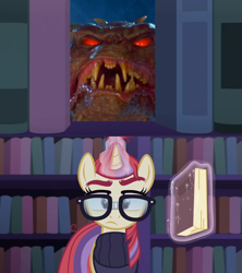 Size: 800x900 | Tagged: safe, edit, edited screencap, imported from derpibooru, screencap, moondancer, pony, unicorn, amending fences, book, clothes, ghostbusters, glasses, library, magic, magic aura, sweater, vinz clortho, zuul