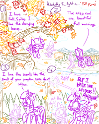 Size: 4779x6013 | Tagged: safe, artist:adorkabletwilightandfriends, imported from derpibooru, spike, twilight sparkle, alicorn, dragon, pony, spider, comic:adorkable twilight and friends, reflections, spoiler:comic, adorkable, adorkable twilight, arachnophobia, autumn, butt, comic, cute, dork, falling leaves, glowing horn, horn, leaves, magic, mountain, nature, path, plot, reflection, scared, scenery, slice of life, spider web, surprised, tree, twilight sparkle (alicorn), walking