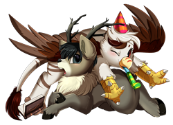 Size: 1280x931 | Tagged: safe, artist:pridark, imported from derpibooru, oc, oc:vermilion brightwing, deer, griffon, book, hat, party hat, party horn, simple background, transparent background
