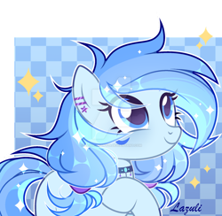 Size: 1024x1001 | Tagged: safe, artist:lazuli, artist:mint-light, imported from derpibooru, oc, oc only, earth pony, pony, bust, choker, ear piercing, earring, earth pony oc, eyelashes, jewelry, looking up, piercing, raised hoof, signature, simple background, smiling, solo, transparent background