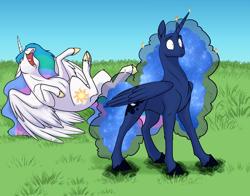Size: 1200x943 | Tagged: safe, artist:foxenawolf, imported from derpibooru, princess celestia, princess luna, alicorn, pony, fanfic:off the mark, commission, ethereal mane, frizzy hair, horses doing horse things, laughing, lmao, lying down, majestic as fuck, on back, rofl, scorched, shocked, shocked expression