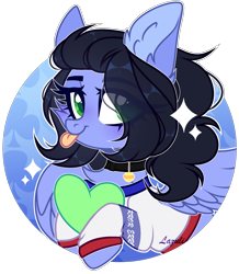 Size: 1698x1944 | Tagged: safe, artist:lazuli, artist:mint-light, imported from derpibooru, oc, oc only, oc:skiu, pegasus, pony, :p, bust, chest fluff, clothes, collar, commission, ear fluff, eye clipping through hair, heart, heart pillow, pegasus oc, pillow, signature, simple background, solo, tongue out, transparent background, wings, ych result