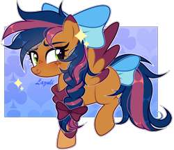 Size: 2568x2216 | Tagged: safe, artist:lazuli, artist:mint-light, imported from derpibooru, oc, oc only, oc:solar comet, pegasus, pony, bow, braid, commission, disguise, disguised changedling, eyelashes, feathered wings, freckles, hair bow, male, pegasus oc, signature, simple background, solo, tail bow, transparent background, two toned wings, wings, ych result