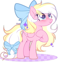 Size: 2529x2588 | Tagged: safe, artist:lazuli, artist:mint-light, imported from derpibooru, oc, oc only, oc:bay breeze, pegasus, pony, blushing, bow, bust, commission, eye clipping through hair, eyelashes, female, folded wings, hair bow, hoof on chest, hooves to the chest, looking up, mare, pegasus oc, raised hoof, signature, simple background, smiling, solo, standing, tail bow, three quarter view, transparent background, wings, ych result