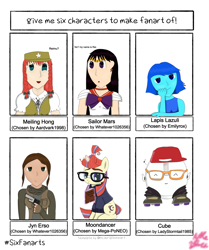 Size: 3000x3582 | Tagged: safe, artist:zeethezebra, imported from derpibooru, moondancer, human, pony, unicorn, six fanarts, bust, clothes, crossover, female, glasses, hong meiling, jyn erso, lapis lazuli (steven universe), mare, raye hino, sailor mars, sailor moon, star wars, steven universe, touhou