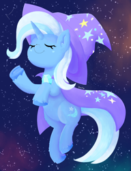 Size: 2000x2600 | Tagged: safe, artist:biocrine, imported from derpibooru, trixie, pony, unicorn, cape, clothes, constellation, cute, diatrixes, ear fluff, eyes closed, female, hat, leg fluff, mare, solo, space, trixie's cape, trixie's hat, unshorn fetlocks