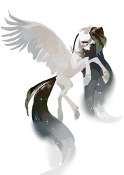 Size: 2894x4093 | Tagged: safe, artist:yanisfucker, imported from derpibooru, oc, oc only, pony, ethereal mane, flying, large wings, limited palette, long hair, missing wing, neckerchief, simple background, solo, starry mane, trichrome, wings