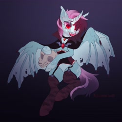 Size: 3800x3792 | Tagged: safe, artist:helemaranth, imported from derpibooru, oc, oc only, oc:scoops, alicorn, bat pony, bat pony alicorn, pony, bat pony oc, bat wings, horn, skull, solo, wings