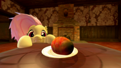 Size: 1600x900 | Tagged: safe, artist:wapamario63, imported from ponybooru, fluttershy, bat pony, pony, 3d, bat ponified, cute, flutterbat, food, gmod, looking at something, mango, plate, race swap, solo, table