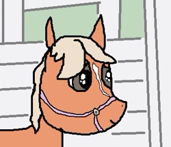 Size: 359x307 | Tagged: safe, artist:anonymous, earth pony, pony, /mlp/, 1000 hours in ms paint, bridle, sideways glance, smiling, solo, stable, tack, verity