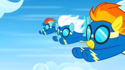 Size: 1280x720 | Tagged: safe, imported from derpibooru, screencap, fleetfoot, rainbow dash, spitfire, pegasus, parental glideance, clothes, fandom, female, flying, goggles, uniform, wiki, wikia, wonderbolts, wonderbolts uniform