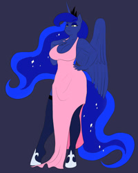 Size: 2400x3000 | Tagged: safe, artist:marauder6272, color edit, edit, imported from derpibooru, princess cadance, princess luna, alicorn, anthro, unguligrade anthro, breasts, busty princess cadance, busty princess luna, clothes, colored, dress, ethereal mane, ethereal tail, fanfic, fanfic art, fanfic cover, jewelry, regalia, smiling, socks, solo, stockings, story in the source, thigh highs, tiara