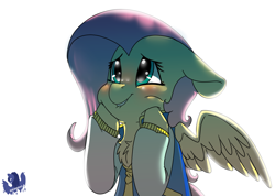 Size: 3042x2160 | Tagged: safe, artist:brainiac, derpibooru exclusive, imported from derpibooru, fluttershy, pegasus, pony, backlighting, blushing, bust, chest fluff, cute, female, floppy ears, hooves on cheeks, implied shipping, letterman jacket, lip bite, looking up, mare, portrait, shyabetes, smiling, solo, spread wings, squishy cheeks, three quarter view, varsity jacket, wings