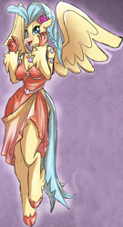 Size: 746x1383 | Tagged: safe, artist:tatara94, edit, imported from derpibooru, princess skystar, anthro, hippogriff, my little pony: the movie, beak, breasts, busty princess skystar, clothes, cropped, dress, fanfic, fanfic art, fanfic cover, looking at you, open beak, open mouth, seashell, seashell necklace, smiling, solo, spread wings, story in the source, tongue out, wings