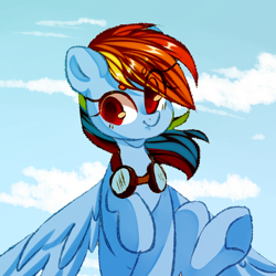 Size: 1000x1000 | Tagged: safe, artist:thieftea, imported from derpibooru, rainbow dash, pegasus, pony, cloud, eye clipping through hair, female, flying, goggles, mare, sky, smiling, solo, spread wings, underhoof, wings