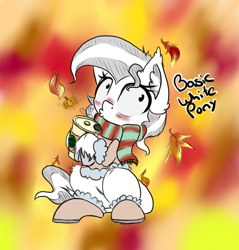 Size: 706x739 | Tagged: safe, artist:alazak, imported from derpibooru, oc, oc only, oc:pearl, earth pony, pony, clothes, coffee, leaves, scarf, solo