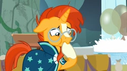Size: 1280x720 | Tagged: safe, imported from derpibooru, screencap, sunburst, pony, unicorn, student counsel, clothes, floppy ears, glasses, hoof in mouth, male, robe, solo, sunburst's cloak, sunburst's glasses, sunburst's robe
