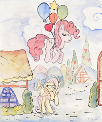Size: 2000x2394 | Tagged: safe, artist:nedemai, imported from derpibooru, fluttershy, pinkie pie, earth pony, pegasus, pony, balloon, chest fluff, duo, floating, looking up, ponyville, raised hoof, surprised, then watch her balloons lift her up to the sky, traditional art, watercolor painting