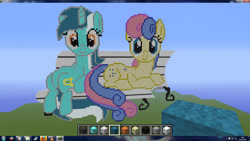 Size: 1920x1080 | Tagged: safe, artist:confusedmissflower, imported from derpibooru, bon bon, lyra heartstrings, sweetie drops, earth pony, unicorn, bench, day, duo, duo female, female, game screencap, looking at you, minecraft, minecraft pixel art, pixel art, sitting