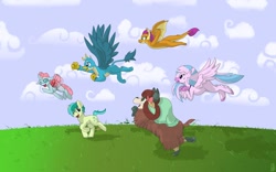 Size: 1280x800 | Tagged: safe, artist:brownie-bytes, imported from derpibooru, gallus, ocellus, sandbar, silverstream, smolder, yona, changedling, changeling, classical hippogriff, dragon, earth pony, griffon, hippogriff, yak, cloud, cute, dragoness, female, flying, grass, group, happy birthday mlp:fim, male, mlp fim's tenth anniversary, monkey swings, running, stallion, student six